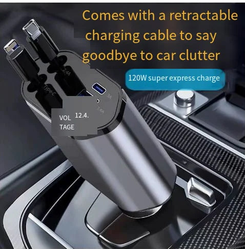 USB-C Retractable Car Charger - Fast 120W 4-in-1 Adapter