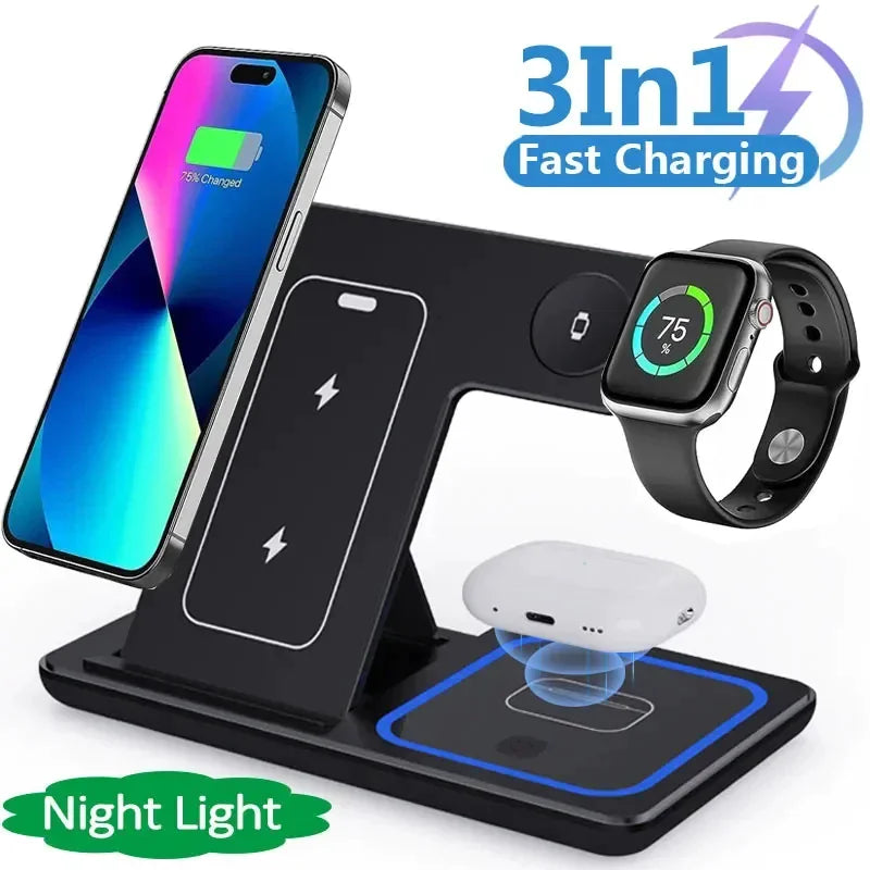 3 In 1 LED Fast Wireless Charger – Foldable Stand